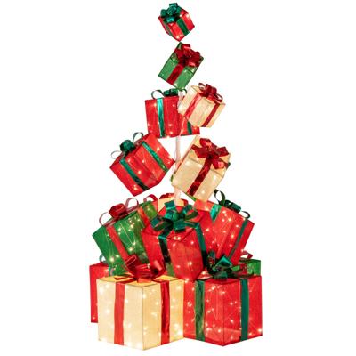 170 cm Voorverlichte Geschenkdozen 15 Verlichte Kerstdozen met Strik en 450 Lampjes Verlichte Kerstdecoratie met Knijpers Stapelbaar