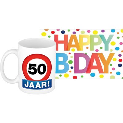 Verjaardag cadeau mok/beker 50 jaar print 300 ml + A5-size wenskaart Happy Birthday