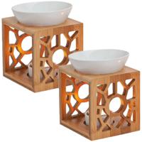 Geurbrander voor amberblokjes/geurolie/waxmelts - 2x - bamboo/keramiek - 12 x 10 x 14 cm