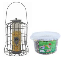 Vogel voedersilo voor kleine vogels metaal grijs 36 cm inclusief 4-seizoenen energy vogelvoer