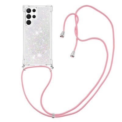 Lunso - Samsung Galaxy S23 Ultra - Telefoonhoes met koord - Glitter Zilver/Roze