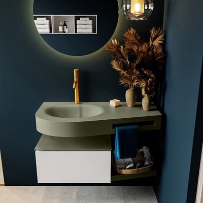 MONDIAZ RIVA 100cm badmeubel onderkast / planchet kleur Talc met 1 lade. Wastafel DULCET links 1 kraangat kleur Army. MONDIAZ RIVA 100cm badmeubel onderkast / planchet kleur Talc met 1 lade. Wastafel DULCET links 1 kraangat kleur Army.