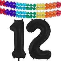 Leeftijd folie ballonnen - Leeftijd cijfer 12 - zwart - 86 cm - en 2x feestslingers gekleurd