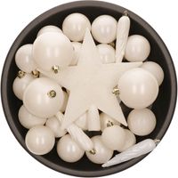 Decoris set 33x stuks kunststof kerstballen met ster piek wol wit