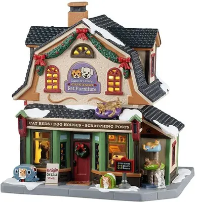 Lemax luna & ollie&apos;s custom pet furniture verlicht kersthuisje Caddington Village 2025