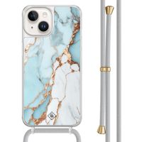 iPhone 14 hoesje met grijs koord - Marmer lichtblauw