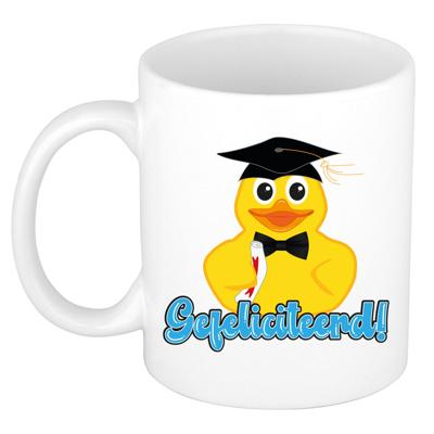 Cadeau koffie/thee mok - wit - geslaagd - bad eend - gefeliciteerd - 300 ml - keramiek
