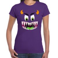 Monster gezicht halloween verkleed t-shirt paars voor dames - thumbnail