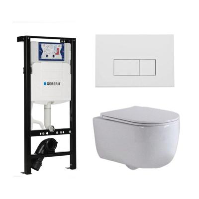 QeramiQ Dely Swirl Toiletset - 36.3x51.7cm - diepspoel - rimless - Inbouwreservoir met Geberit UP320 spoelmechanisme - slim zitting - mat witte metalen bedieningsplaat - rechtehoekige knoppen - wit mat SW1381697/SW706191/SW1000766/SW1026257