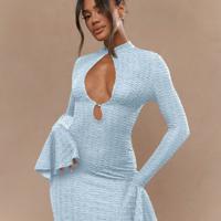 Bon&Bon Hot Pink Knitted Bodycon Mini Dress with Flare Sleeves Blue / XL