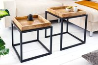 IndustriÃ«le bijzettafel set van 2 SERVITEUR 45 cm metalen salontafel van natuurlijk mangohout - 42575 - thumbnail