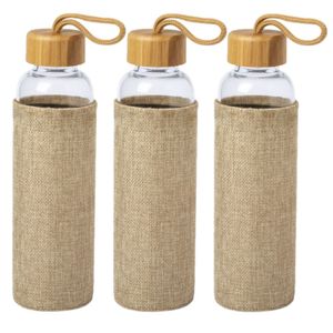 3x Stuks glazen waterfles/drinkfles met naturel bamboe houten bescherm hoes 550 ml