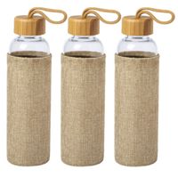 3x Stuks glazen waterfles/drinkfles met naturel bamboe houten bescherm hoes 550 ml - thumbnail