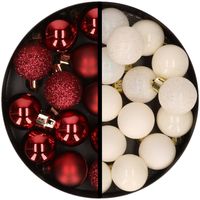34x stuks kunststof kerstballen donkerrood en wolwit 3 cm - Kerstbal