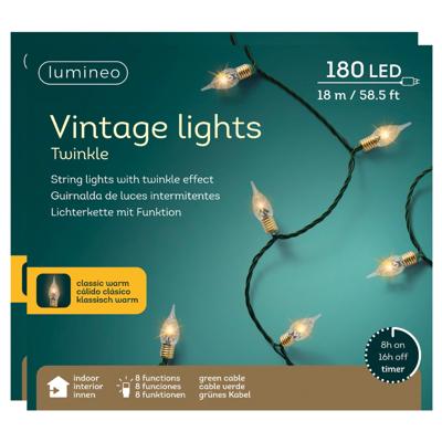 Lumineo Vintage kerstverlichting - 2x - 180 led lampjes - klassiek warm wit - 18 m?- 8-functies