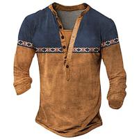 Tribal Ontwerper Retro vintage Voor heren 3D-afdrukken T-shirt Henley-shirt Straat Casual Dagelijks T-shirt blauw Bruin Lange mouw Henley Overhemd Zomer Lente Herfst Kleding S M L XL XXL XXXL Lightinthebox