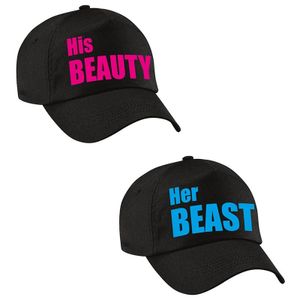 Her Beast en His beauty caps blauw / roze tekst volwassenen