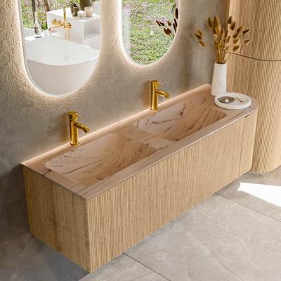 Badmeubel Mondiaz Kurve-Dlux | 145 cm | Meubelkleur Oak | Wastafelkleur Arena | Solid surface | Dubbel / Links spoelbak | 2 kraangaten