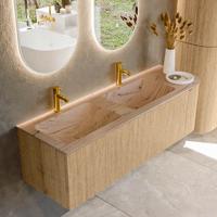 Badmeubel Mondiaz Kurve-Dlux | 145 cm | Meubelkleur Oak | Wastafelkleur Arena | Solid surface | Dubbel / Links spoelbak | 2 kraangaten