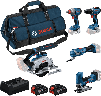 Bosch Blauw accutoolkit 5-toolkit 18v | gsr 18v-65 + gdx 18v-285 + gks 18v-57-2 + gop 18v-34 + gst 18v-125 s |incl. 2x gba 18v 5,0ah + lader - 0615a500bv