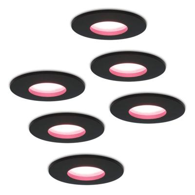 Set van 6 Porto - Smart inbouwspot - IP44 waterdicht - 5,5 Watt 345 Lumen - Wifi + Bluetooth - RGBWW - GU10 - Google Home, Amazon Alexa en Siri - Voor binnen, buiten en badkamer - Zwart