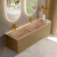 Badmeubel Mondiaz Kurve-Dlux | 155 cm | Meubelkleur Dusk | Wastafelkleur Saba | Solid surface | Dubbel / Links spoelbak | 2 kraangaten