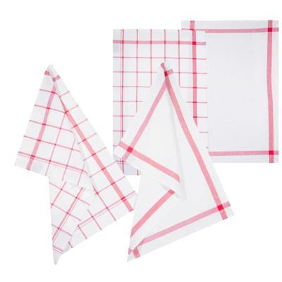 Theedoek Traditioneel - set van 4x stuks - rood/wit- motief - katoen - 70 x 45 cm