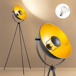 Klassieke vloerlamp Letal - Metalen Staande Lamp met Lampenkap - Zwart/goud - 66/66/148 cm - Inclusief LED E27 Lichtbron 4W 806Lm - voor Woonkamer en Slaapkamer - met Voetschakelaar