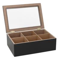 Gerimport Theedoos - zwart - 6-vaks - hout - 16 x 24 x 8 cm - met deksel