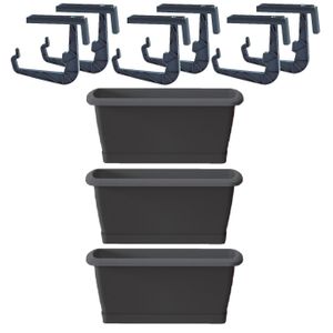 4x Kunststof Respana plantenbakken/bloembakken antraciet grijs 39 cm met ophangbeugels