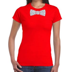 Rood fun t-shirt met vlinderdas in glitter zilver dames