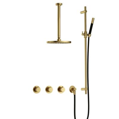 Hotbath Cobber X - CX7067 - Inbouw Regendoucheset - Geborsteld Messing PVD - 2 Stopkranen - Thermostatisch - Plafondbuis 30 cm - Hoofddouche 200 mm - Staafhanddouche - Glijstang 900 mm - Waterbesparend