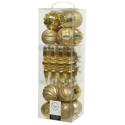 60x stuks kunststof kerstballen en ornamenten goud mix