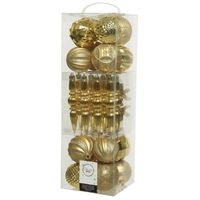 60x stuks kunststof kerstballen en ornamenten goud mix