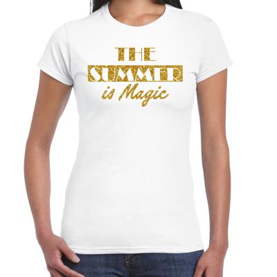 Toppers verkleed T-shirt dames - The summer is Magic - wit - glitter goud - feestkleding Toppers verkleed T-shirt dames - The summer is Magic - wit - glitter goud - feestkleding