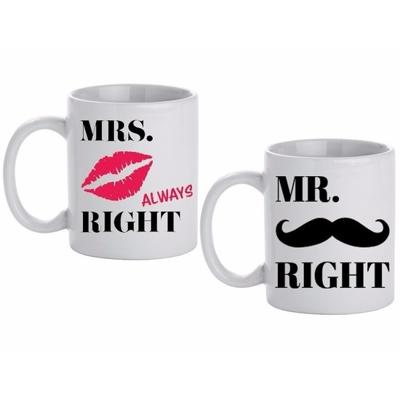 Koffie Mokken set Mr & Mrs Right - wit - 300 ml - dames en heren - bruiloft cadeau - huwelijk