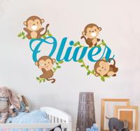 Muursticker kinderkamer dieren met naam en aapjes