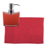 MSV badkamer droogloop mat/tapijtje - 40 x 60 cm - en zelfde kleur zeeppompje 260 ml - rood