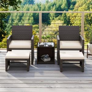 Set van 5 Rotan Meubels Balkonset Tuinmeubelen met Stoel & Voetenbank & Gehard Glas Salontafel Bruin + Wit