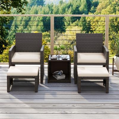 Set van 5 Rotan Meubels Balkonset Tuinmeubelen met Stoel & Voetenbank & Gehard Glas Salontafel Bruin + Wit