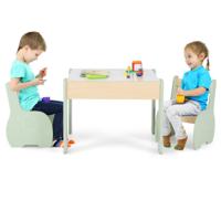 3-Delige Kinderzitgroep van Hout 4-In-1 Kindertafel met 2 Stoelen en Afneembaar Bord Kindermeubelset met Opbergruimte Groen