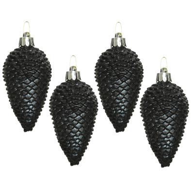 Kersthangers dennenappels - 12x st - zwart - glitter - 8 cm - kunststof - kerstversiering Kersthangers dennenappels - 12x st - zwart - glitter - 8 cm - kunststof - kerstversiering