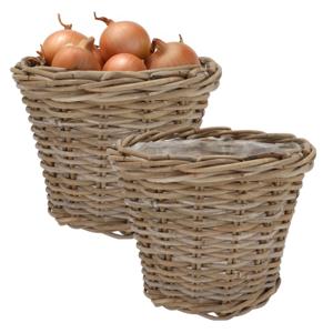 Plantenmand/aardappelmand Ivy - 2x - met binnenzak - rotan - B23 x H20 cm - binnen/buiten bloempotte