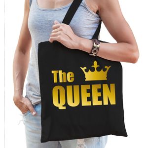 The queen tas / shopper zwart katoen met gouden tekst en kroon voor dames   -