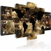 Schilderij - Wereldkaart - Donkere Wereld, Zwart/Goud, 5luik , wanddecoratie , premium print op canvas