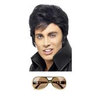 Rock and Roll ster Elvis verkleed set - herenpruik zwart met kuif - en bril goud montuur - thumbnail