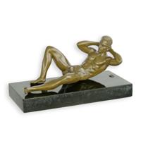 AN EROTIC BRONZE SCULPTURE OF A RECLINING MALE NUDE - thumbnail