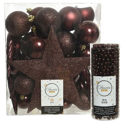 Decoris kerstversiering pakket 34x stuks kunststof mahonie bruin