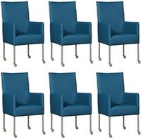 Set van 6 Blauwe leren moderne eetkamerstoelen Spark - poot rond rvs met wiel - Toledo Leer Turquoise (blauw leer)