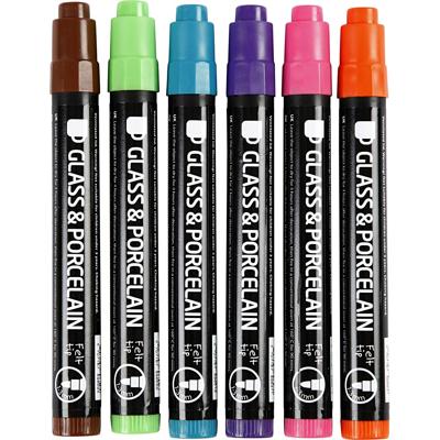 Creativ Company Glas- en porseleinstiften, lijndikte 1-3 mm, semi-dekkend, extra kleuren, 6 stuk/ 1 doos